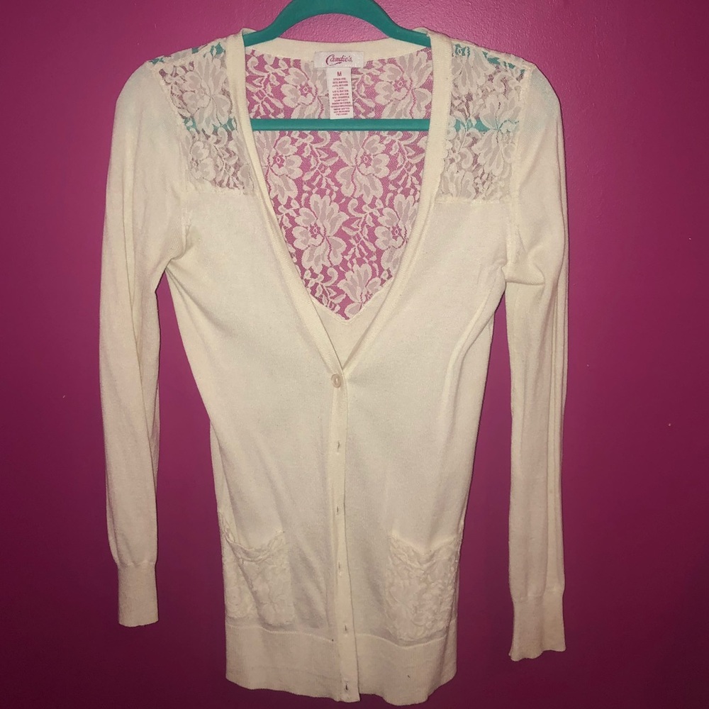 White cardigan sweater